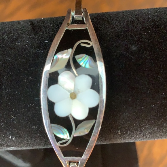 Vintage Mother of Pearl & Onyx Silver Band Bracelets. Made in Mexico - Picture 2 of 4